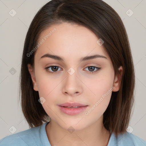 Neutral white young-adult female with medium  brown hair and brown eyes