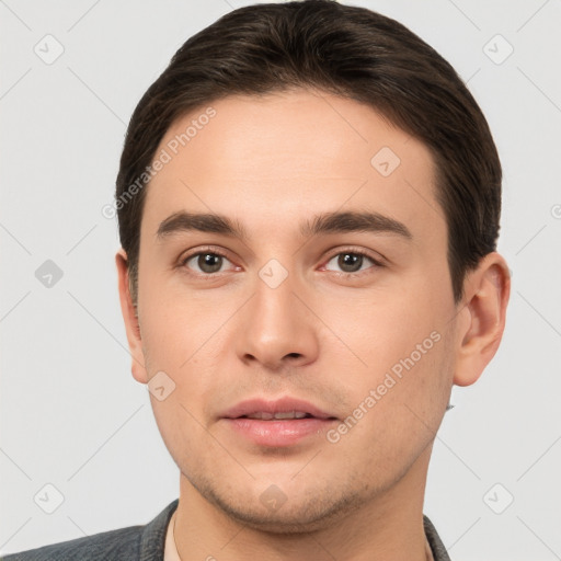 Neutral white young-adult male with short  brown hair and brown eyes