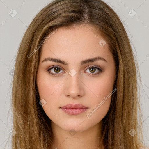 Neutral white young-adult female with long  brown hair and brown eyes