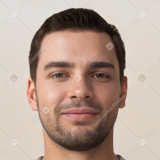 Neutral white young-adult male with short  brown hair and brown eyes