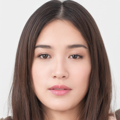 Neutral asian young-adult female with long  brown hair and brown eyes