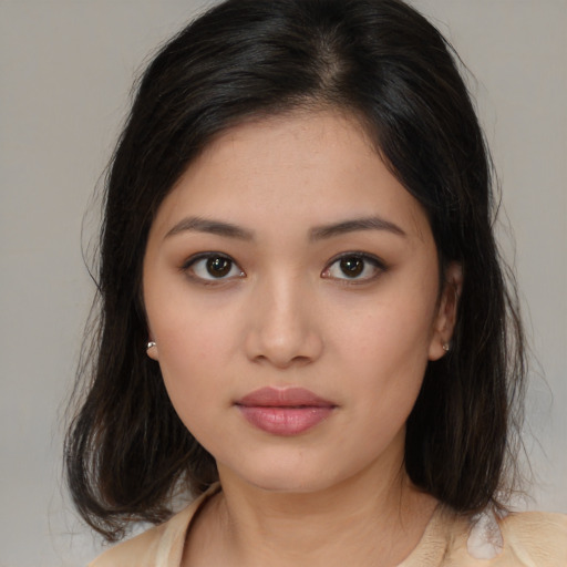 Neutral white young-adult female with medium  brown hair and brown eyes