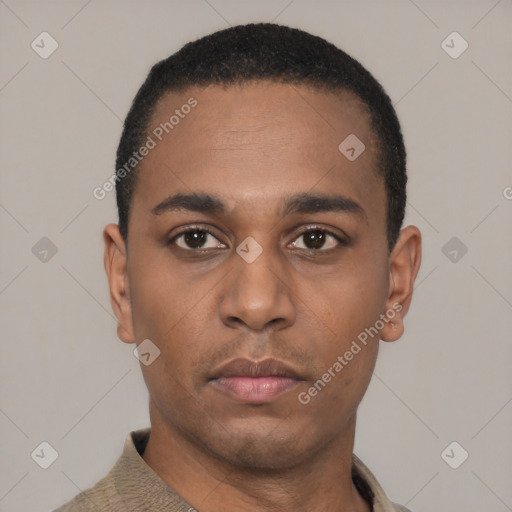 Neutral latino young-adult male with short  black hair and brown eyes