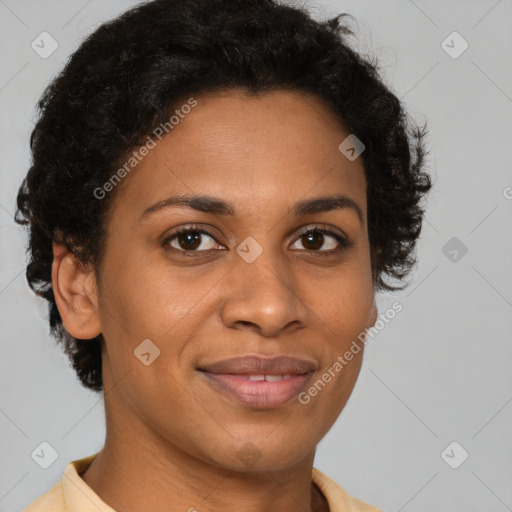 Joyful latino adult female with short  brown hair and brown eyes