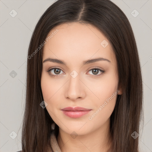 Neutral white young-adult female with long  brown hair and brown eyes