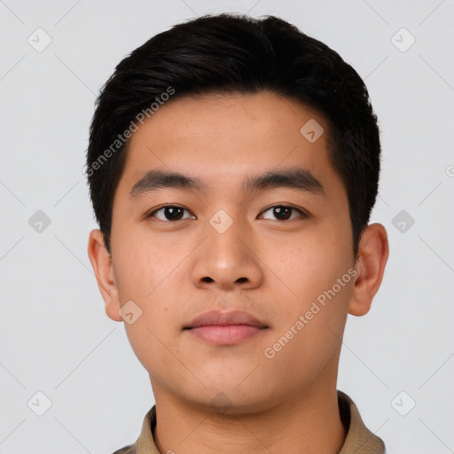 Neutral asian young-adult male with short  black hair and brown eyes