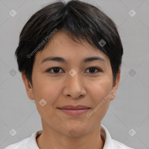 Joyful asian young-adult female with short  brown hair and brown eyes