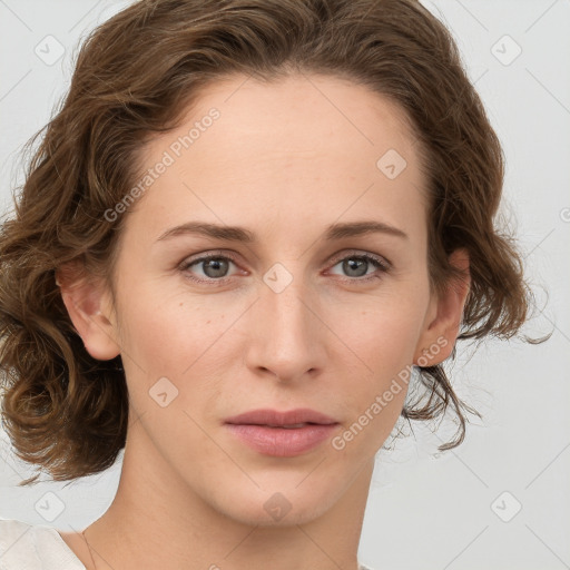 Neutral white young-adult female with medium  brown hair and grey eyes