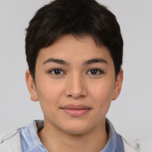 Joyful asian young-adult female with short  brown hair and brown eyes