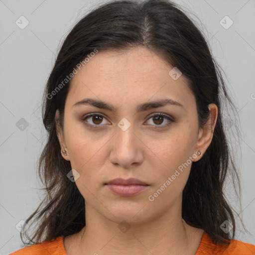 Neutral white young-adult female with medium  brown hair and brown eyes