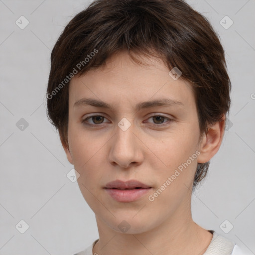 Neutral white young-adult female with short  brown hair and brown eyes