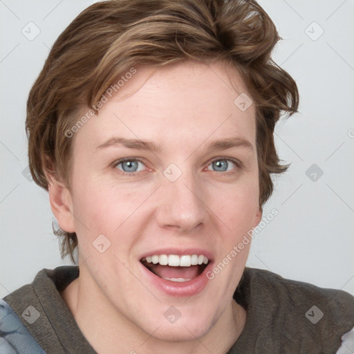 Joyful white young-adult female with short  brown hair and blue eyes