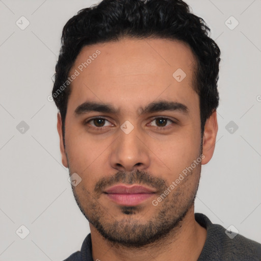 Neutral latino young-adult male with short  black hair and brown eyes