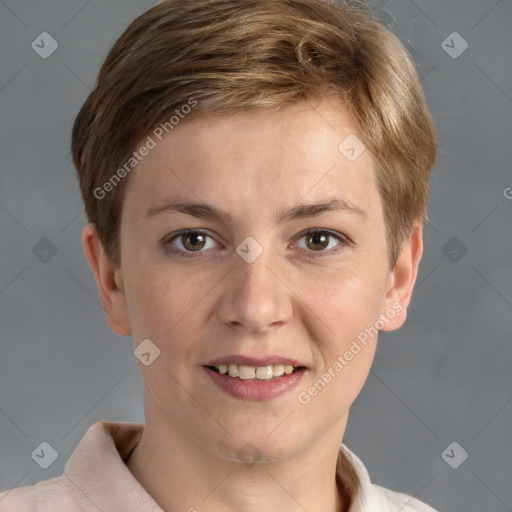 Joyful white young-adult female with short  brown hair and grey eyes