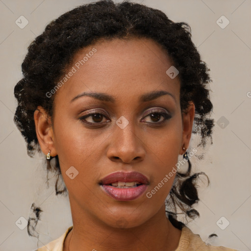 Joyful black young-adult female with medium  brown hair and brown eyes