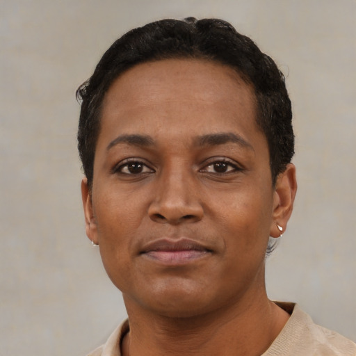 Neutral black young-adult female with short  brown hair and brown eyes