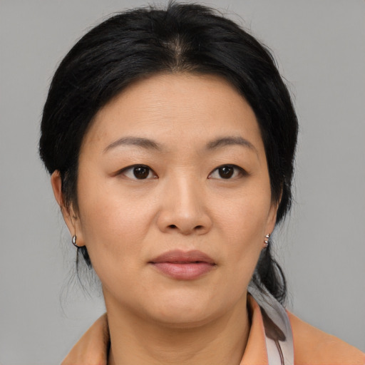Neutral asian young-adult female with medium  black hair and brown eyes