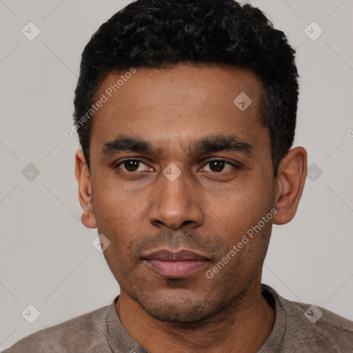 Neutral latino young-adult male with short  black hair and brown eyes
