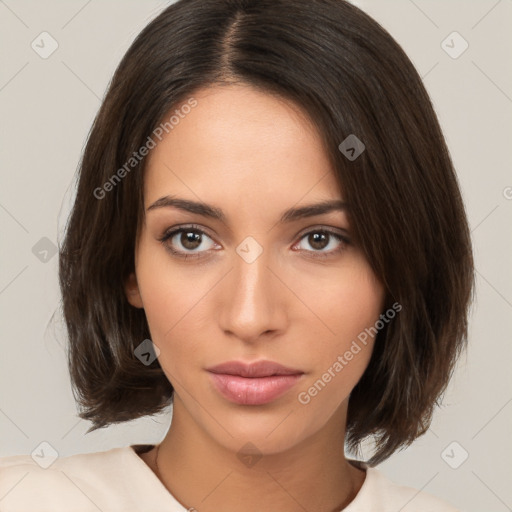 Neutral white young-adult female with medium  brown hair and brown eyes