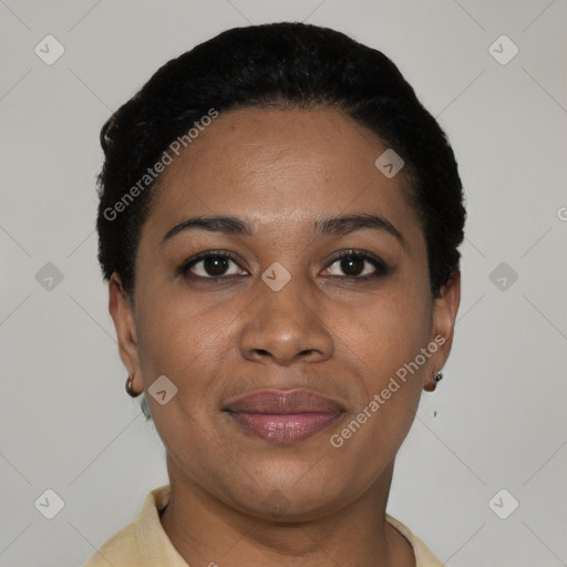 Joyful latino young-adult female with short  black hair and brown eyes