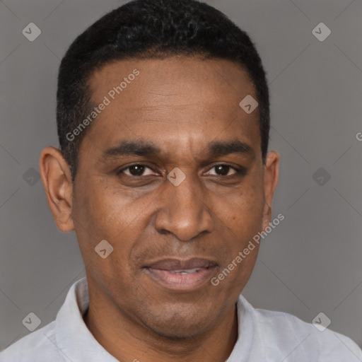 Joyful black adult male with short  black hair and brown eyes