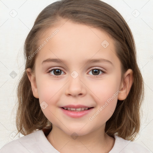 Joyful white child female with medium  brown hair and brown eyes