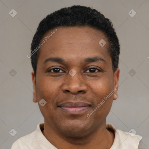 Joyful latino adult male with short  black hair and brown eyes