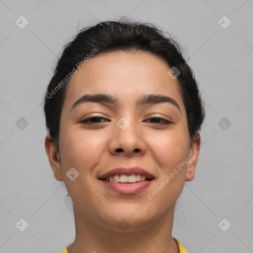 Joyful asian young-adult female with short  brown hair and brown eyes