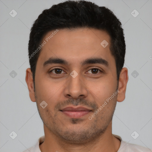 Neutral latino young-adult male with short  black hair and brown eyes