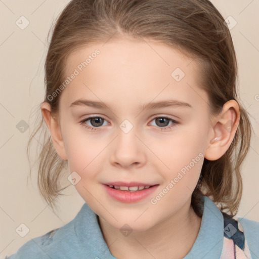 Joyful white child female with medium  brown hair and brown eyes