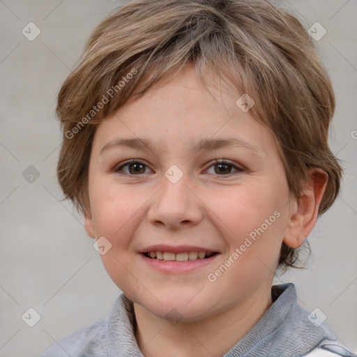 Joyful white child female with medium  brown hair and brown eyes