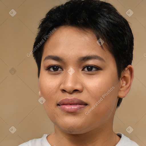 Joyful asian young-adult female with short  brown hair and brown eyes