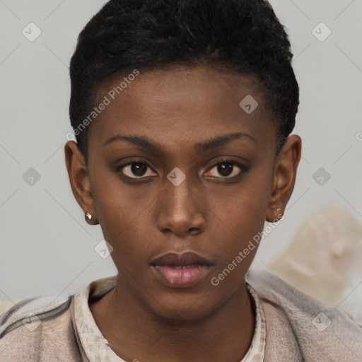 Neutral black young-adult female with short  brown hair and brown eyes