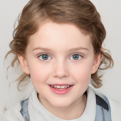 Joyful white child female with medium  brown hair and blue eyes