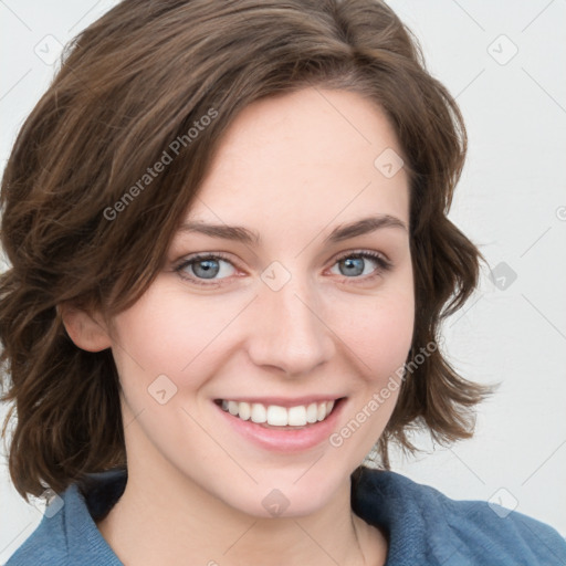 Joyful white young-adult female with medium  brown hair and blue eyes