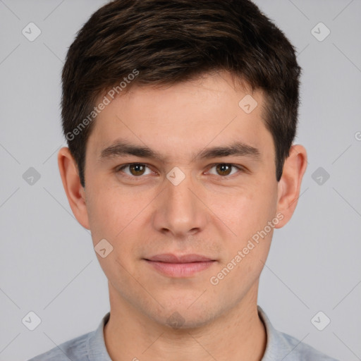 Neutral white young-adult male with short  brown hair and brown eyes