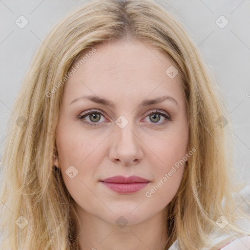 Joyful white young-adult female with medium  brown hair and blue eyes