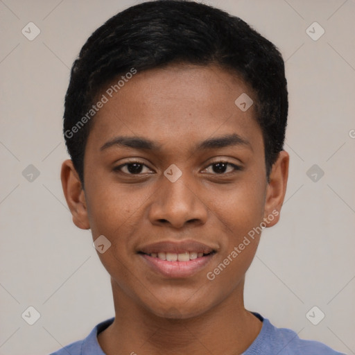 Joyful black young-adult male with short  black hair and brown eyes