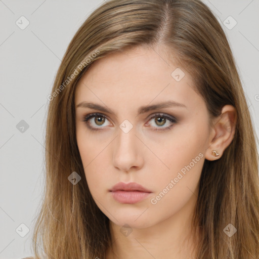 Neutral white young-adult female with long  brown hair and brown eyes