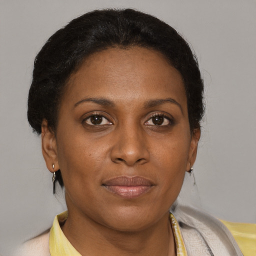 Neutral black adult female with short  brown hair and brown eyes