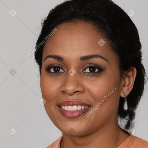 Joyful latino young-adult female with medium  black hair and brown eyes