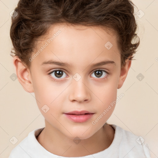 Joyful white child female with short  brown hair and brown eyes