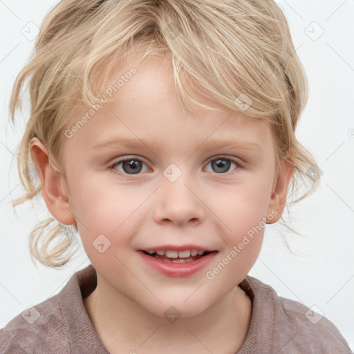 Joyful white child female with medium  blond hair and blue eyes