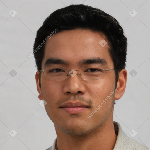 Neutral asian young-adult male with short  black hair and brown eyes