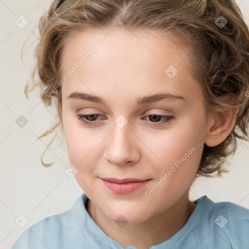 Joyful white child female with medium  brown hair and brown eyes