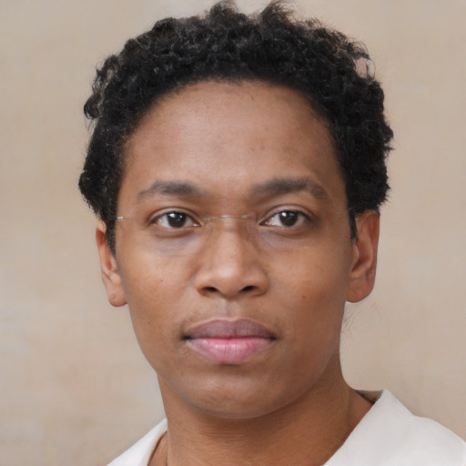 Neutral black adult male with short  brown hair and brown eyes