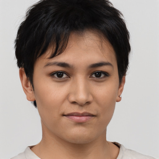 Joyful asian young-adult female with short  brown hair and brown eyes