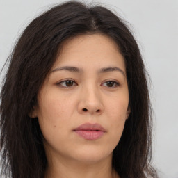 Neutral asian young-adult female with long  brown hair and brown eyes