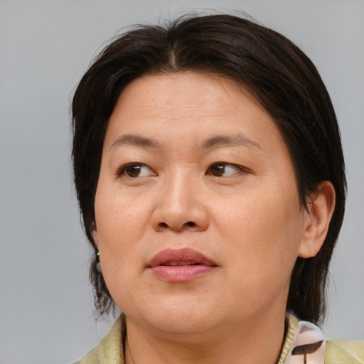 Joyful asian adult female with medium  brown hair and brown eyes