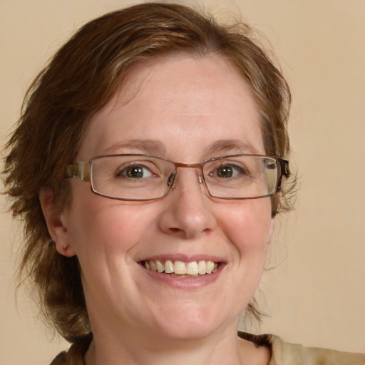 Joyful white adult female with medium  brown hair and blue eyes